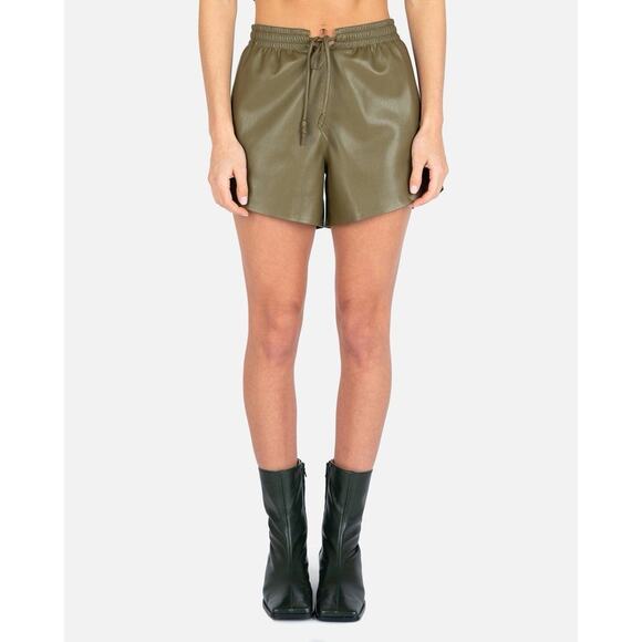 Nanushka Janna Vegan Leather Drawstring Shorts In Olive Green Designer Size XS - Picture 1 of 9